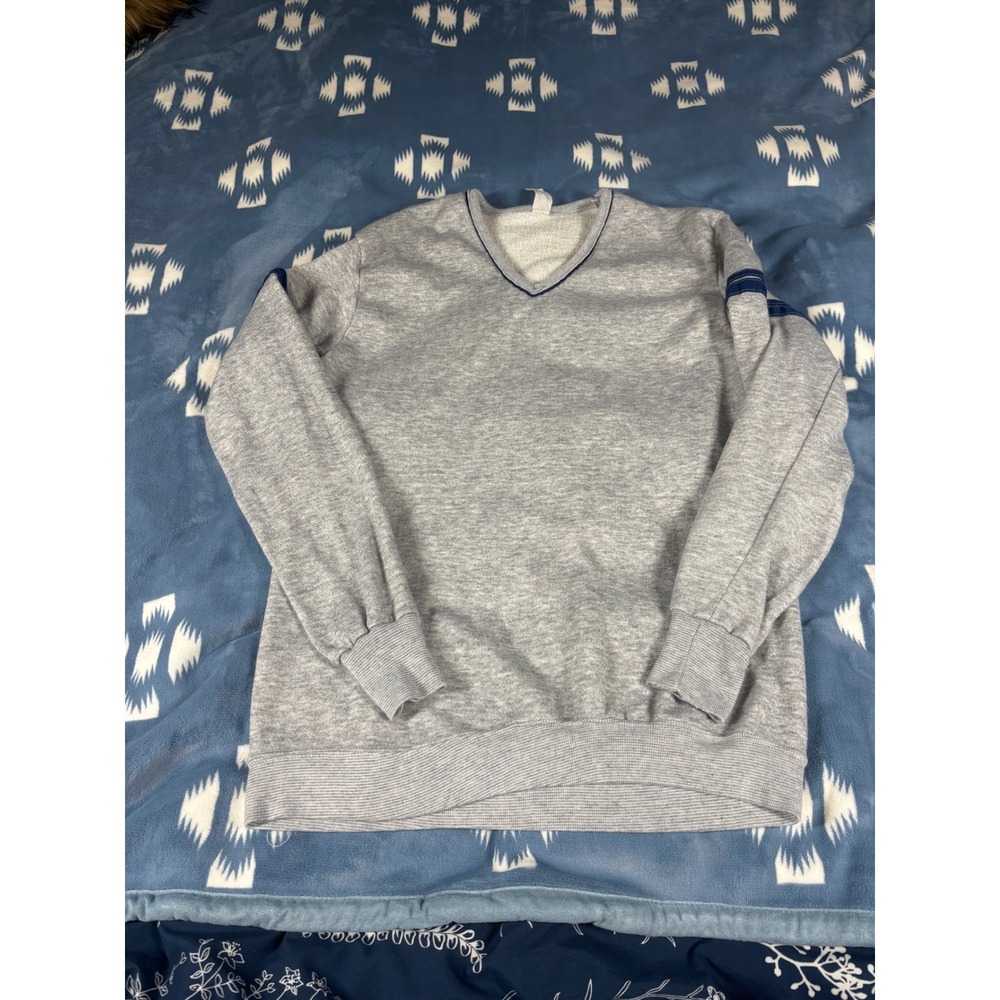 Vintage Signal Sport V-Neck Sweatshirt Gray Navy Sleeve Stripes Mens XL USA Made